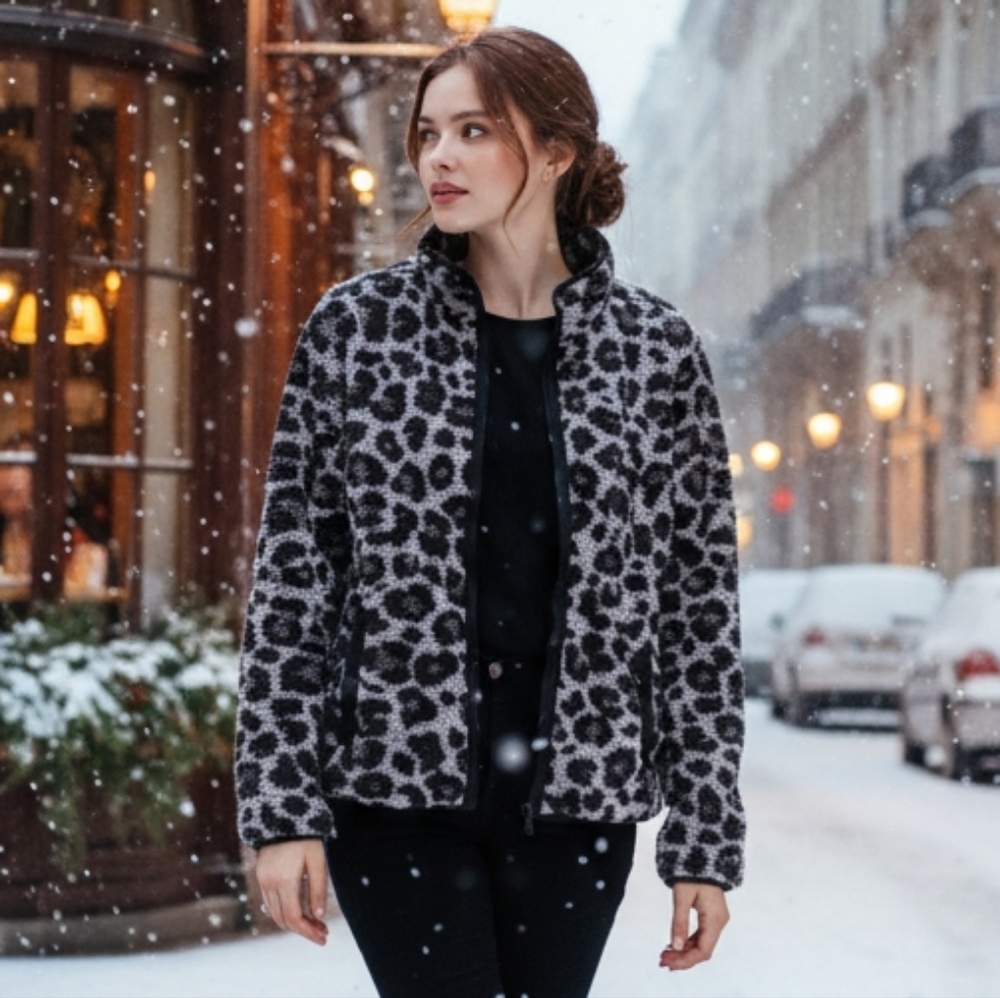 Canada Weather Gear Gray Leopard Sherpa L Zip Up Jacket